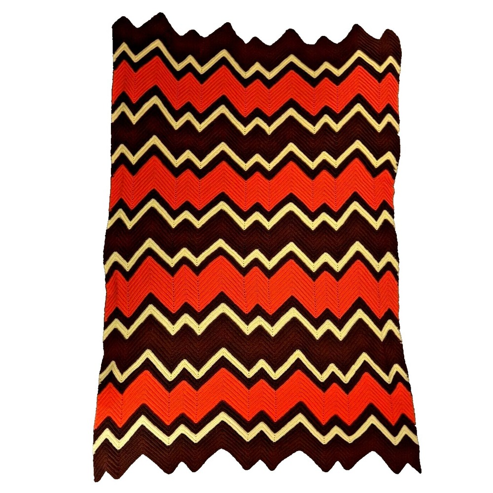 Vtg Handmade Blanket Crochet 80" x 50" Retro Zigzag Orange Brown Yellow
